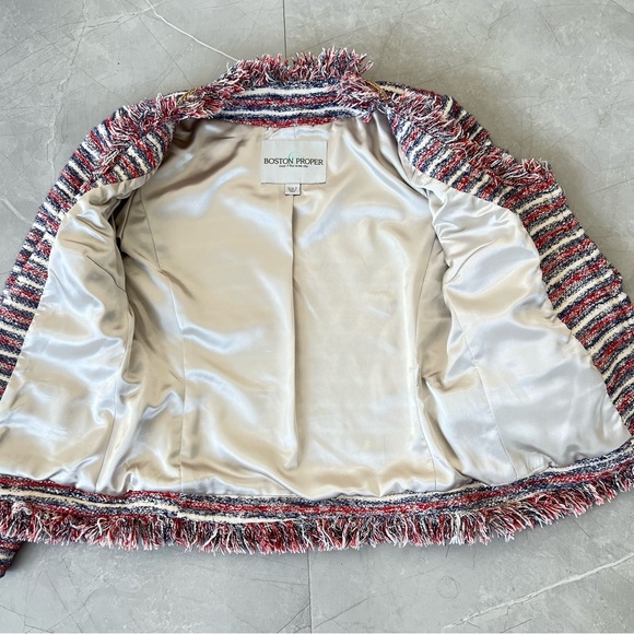 ANTHROPOLOGIE x Boston Proper Multicolor Tweed Striped Fringe Chain Jacket Sz 2 - Picture 13 of 16